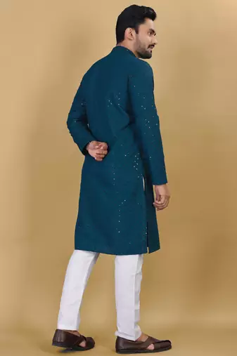 Blue cotton rayon sequins work straight men's kurta pyjama