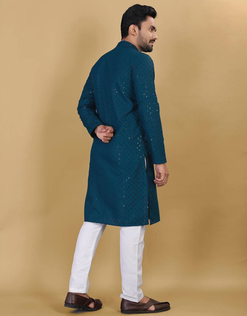 Blue cotton rayon sequins work straight men's kurta pyjama