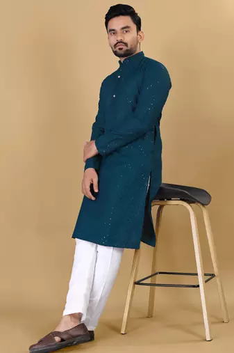 Blue cotton rayon sequins work straight men's kurta pyjama