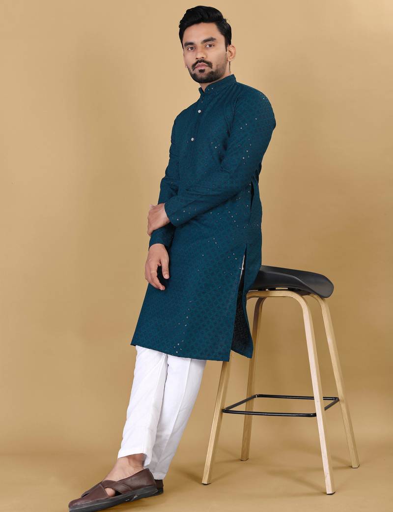 Blue cotton rayon sequins work straight men's kurta pyjama