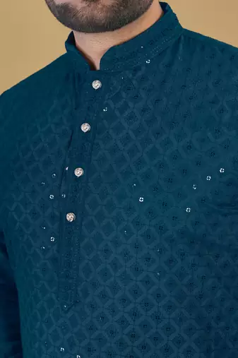 Blue cotton rayon sequins work straight men's kurta pyjama