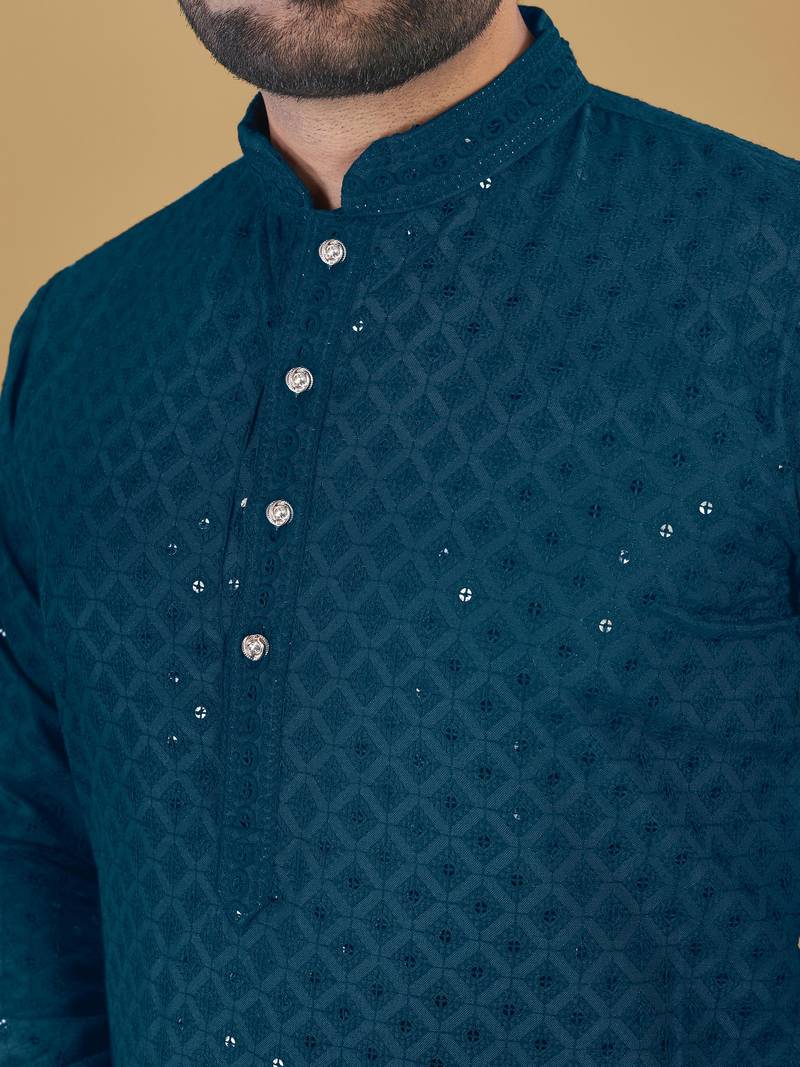 Blue cotton rayon sequins work straight men's kurta pyjama