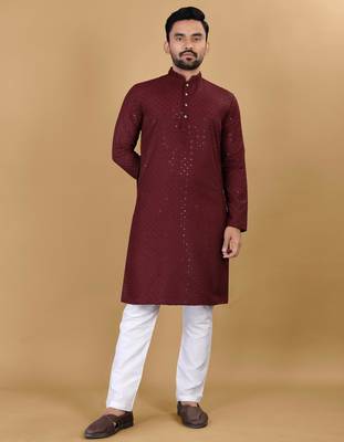 Maroon cotton rayon sequins work straight men's kurta pyjama 1