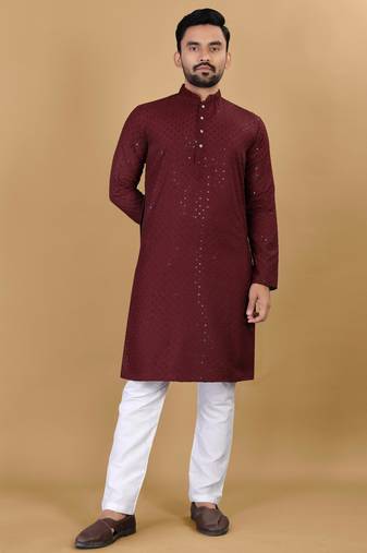 Maroon cotton rayon sequins work straight men's kurta pyjama