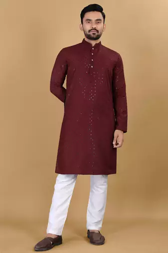 Maroon cotton rayon sequins work straight men's kurta pyjama