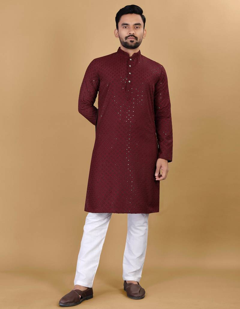 Maroon cotton rayon sequins work straight men's kurta pyjama