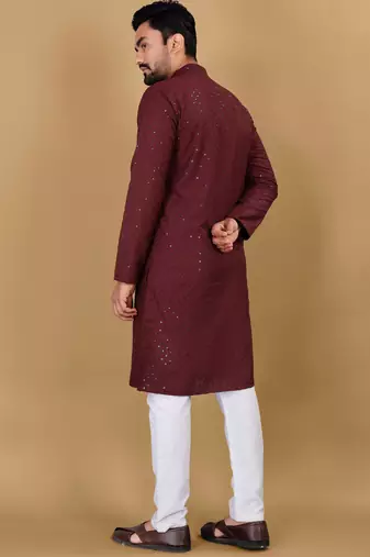 Maroon cotton rayon sequins work straight men's kurta pyjama