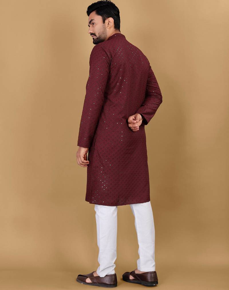 Maroon cotton rayon sequins work straight men's kurta pyjama