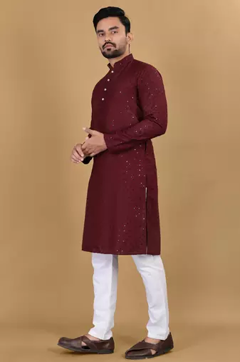 Maroon cotton rayon sequins work straight men's kurta pyjama