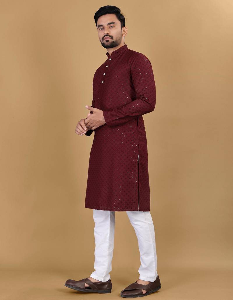 Maroon cotton rayon sequins work straight men's kurta pyjama