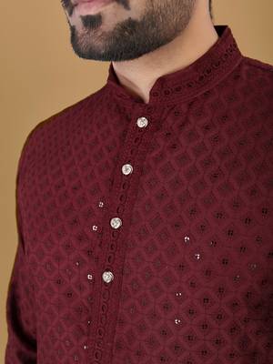 Maroon cotton rayon sequins work straight men's kurta pyjama 4