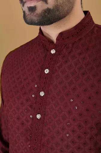 Maroon cotton rayon sequins work straight men's kurta pyjama