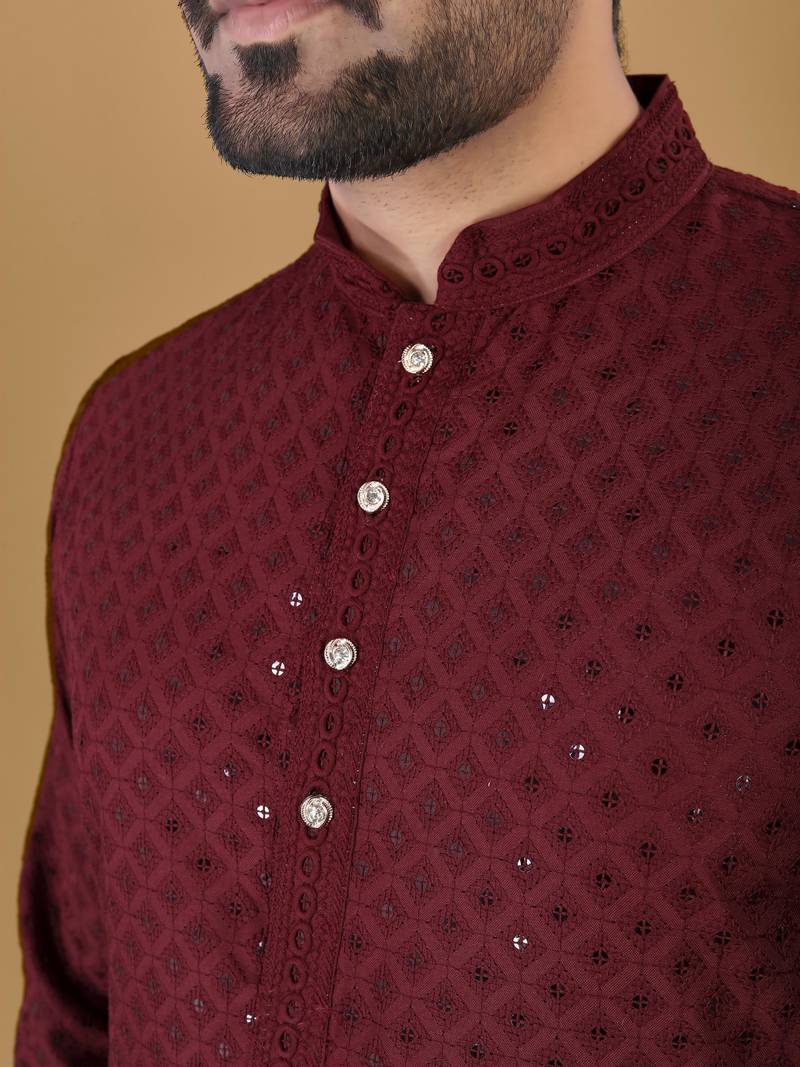 Maroon cotton rayon sequins work straight men's kurta pyjama