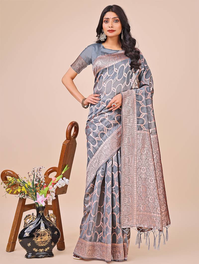 grey linen cotton with jacquard work and zari weaving saree with blouse