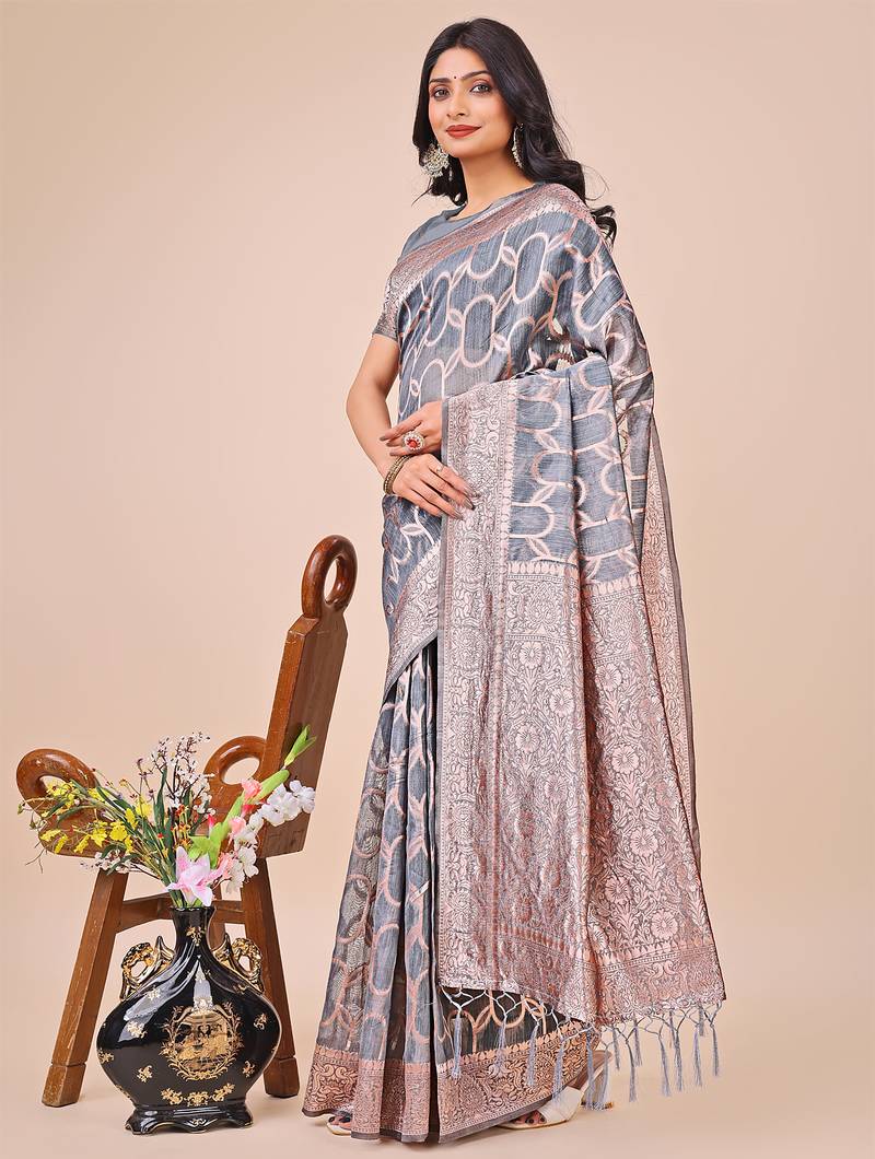 grey linen cotton with jacquard work and zari weaving saree with blouse