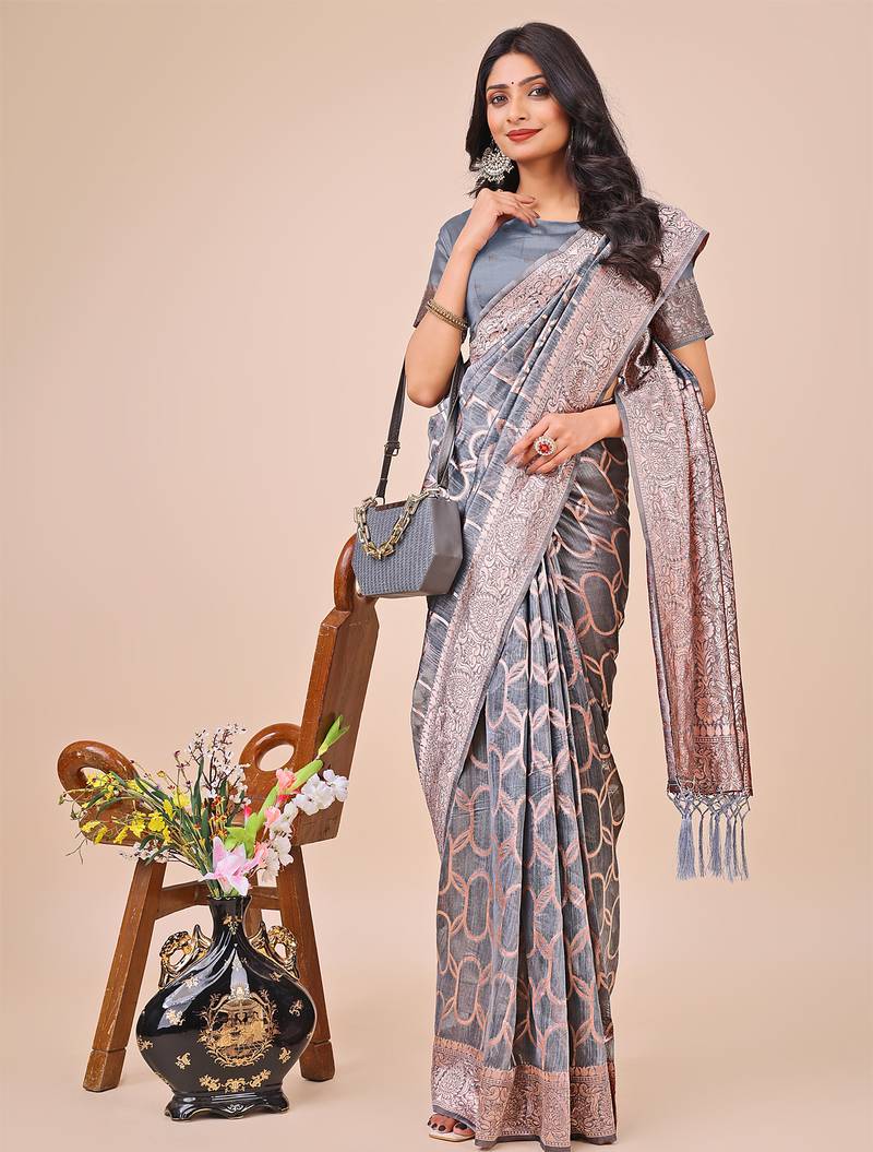 grey linen cotton with jacquard work and zari weaving saree with blouse