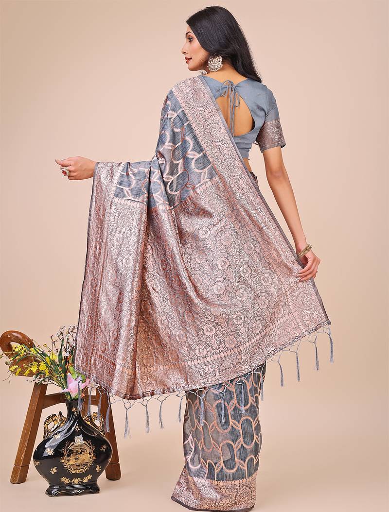 grey linen cotton with jacquard work and zari weaving saree with blouse