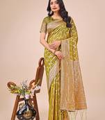 olive green linen cotton with jacquard work and zari weaving saree with blouse