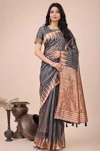 grey linen cotton with jacquard work and zari weaving saree with blouse