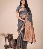 grey linen cotton with jacquard work and zari weaving saree with blouse
