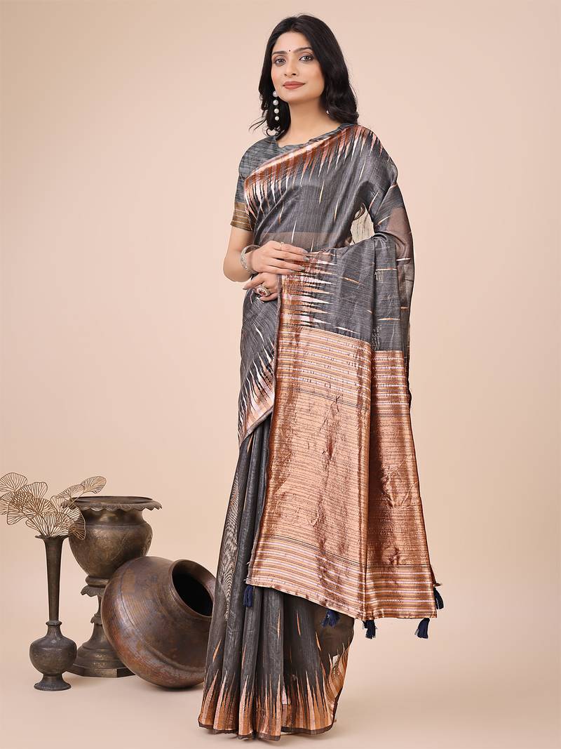 grey linen cotton with jacquard work and zari weaving saree with blouse