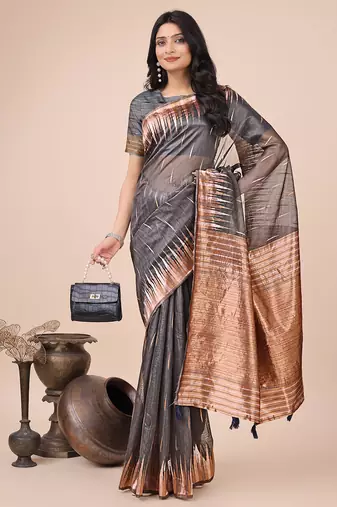 grey linen cotton with jacquard work and zari weaving saree with blouse