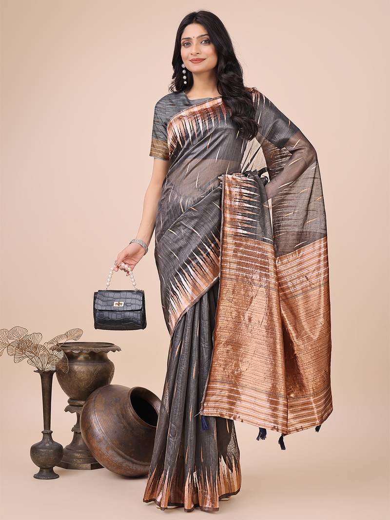 grey linen cotton with jacquard work and zari weaving saree with blouse