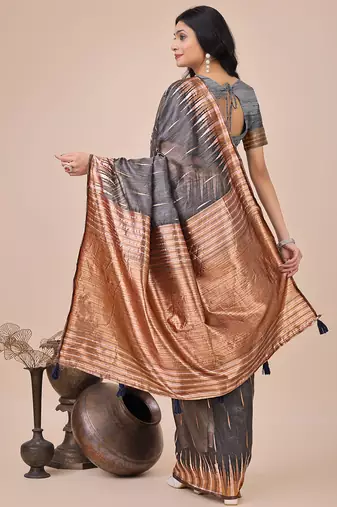 grey linen cotton with jacquard work and zari weaving saree with blouse
