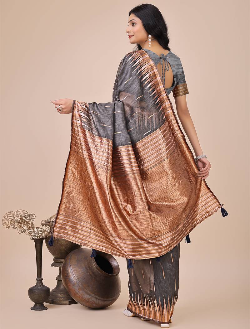 grey linen cotton with jacquard work and zari weaving saree with blouse