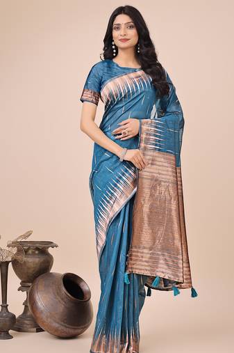blue linen cotton with jacquard work and zari weaving saree with blouse