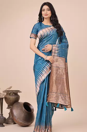 blue linen cotton with jacquard work and zari weaving saree with blouse