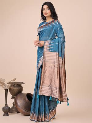 blue linen cotton with jacquard work and zari weaving saree with blouse 2