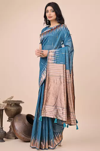 blue linen cotton with jacquard work and zari weaving saree with blouse