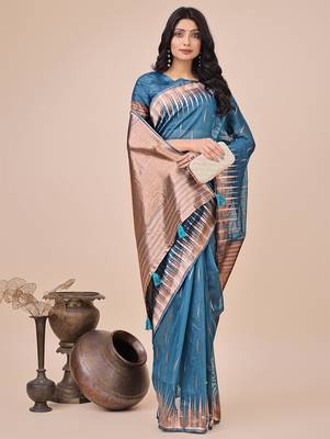 blue linen cotton with jacquard work and zari weaving saree with blouse 3