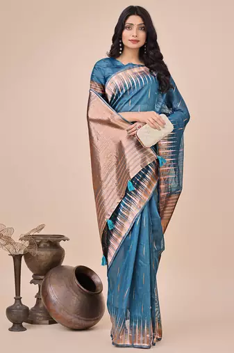 blue linen cotton with jacquard work and zari weaving saree with blouse