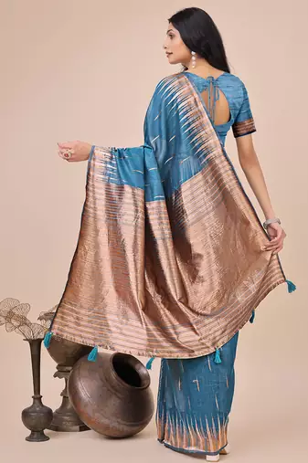 blue linen cotton with jacquard work and zari weaving saree with blouse