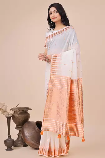 white linen cotton with jacquard work and zari weaving saree with blouse