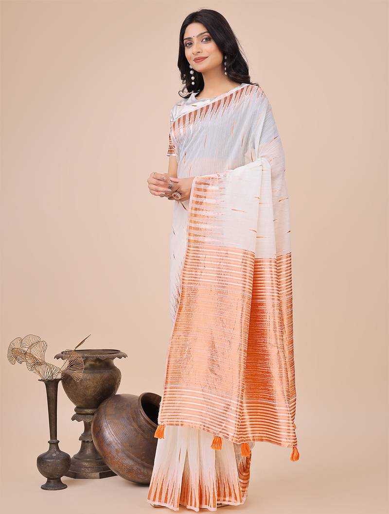 white linen cotton with jacquard work and zari weaving saree with blouse