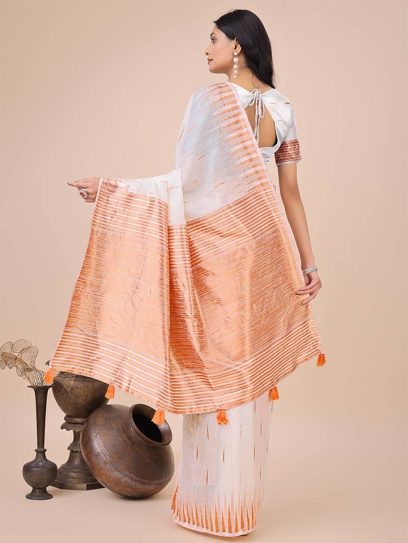 white linen cotton with jacquard work and zari weaving saree with blouse