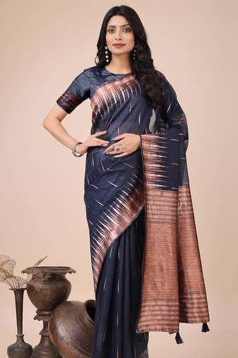 navy blue linen cotton with jacquard work and zari weaving saree with blouse