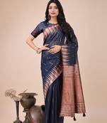 navy blue linen cotton with jacquard work and zari weaving saree with blouse