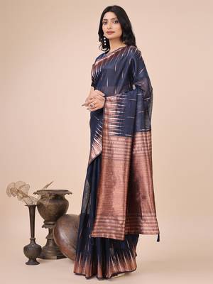 navy blue linen cotton with jacquard work and zari weaving saree with blouse 2