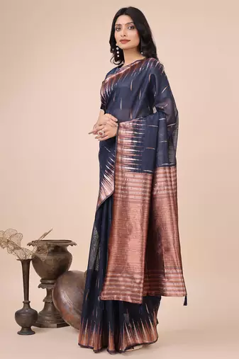 navy blue linen cotton with jacquard work and zari weaving saree with blouse