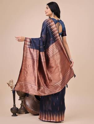 navy blue linen cotton with jacquard work and zari weaving saree with blouse 4