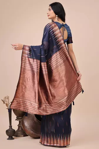 navy blue linen cotton with jacquard work and zari weaving saree with blouse