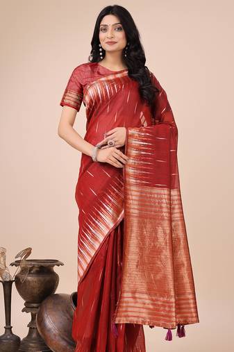 red linen cotton with jacquard work and zari weaving saree with blouse