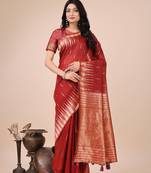 red linen cotton with jacquard work and zari weaving saree with blouse