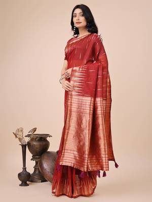 red linen cotton with jacquard work and zari weaving saree with blouse 2