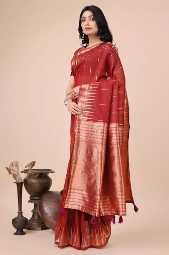 red linen cotton with jacquard work and zari weaving saree with blouse