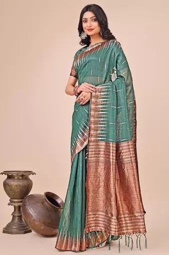 green linen cotton with jacquard work and zari weaving saree with blouse